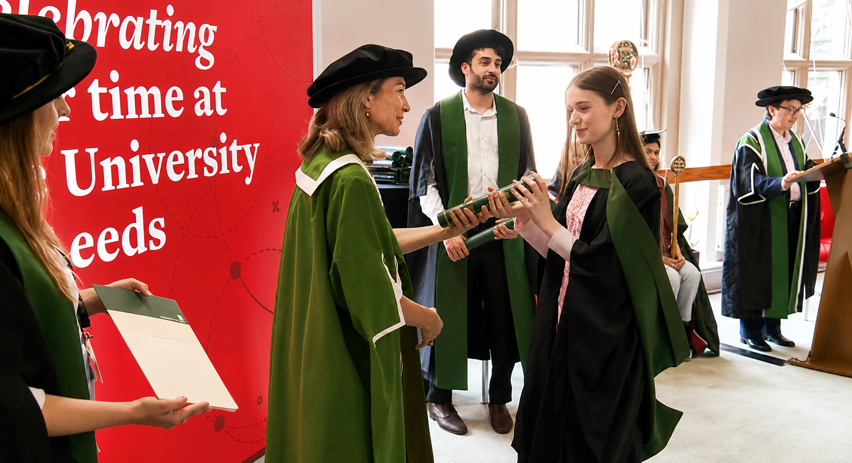 A graduate receiving their award while ceremony staff look on